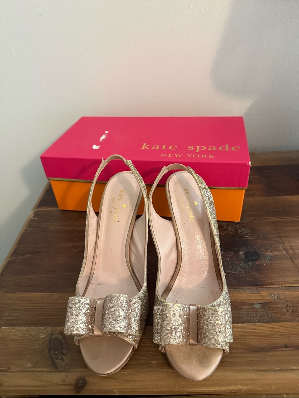 Kate Spade Rose Gold Glitter Slingback Peep-Toe Heels